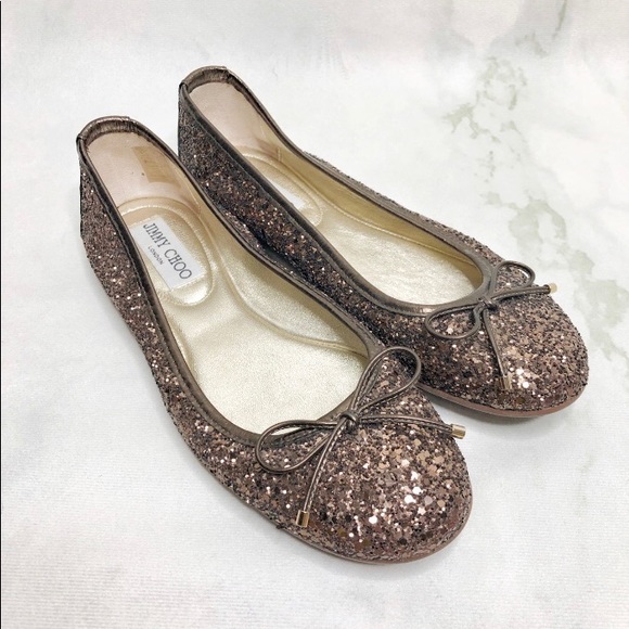 Jimmy Choo Gold Coarse Glitter Fabric Walsh Bow Ballet Flats  Jimmy Choo Walsh Glitter Ballerina Flats
